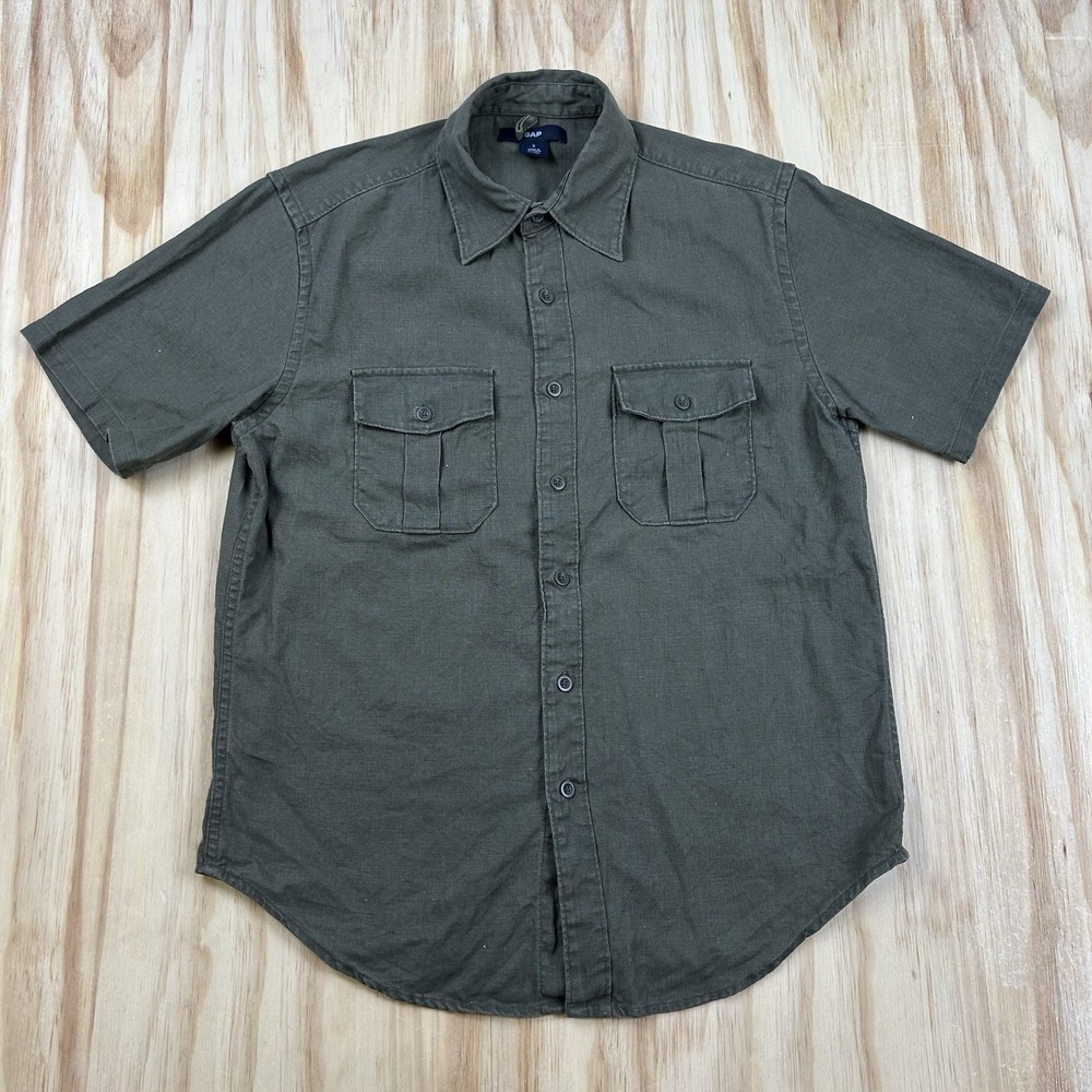 Gap Men's Military Shirt Olive Green Small Linen Blend Short Sleeve Button Up
